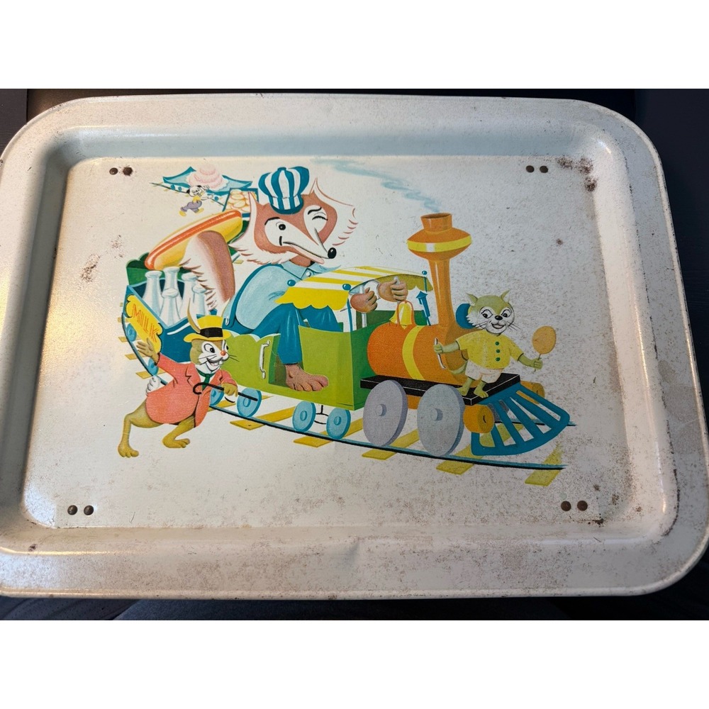 Vintage 1960's Childrens "Fox Food Train" metal TV/serving Tray w/ legs‎